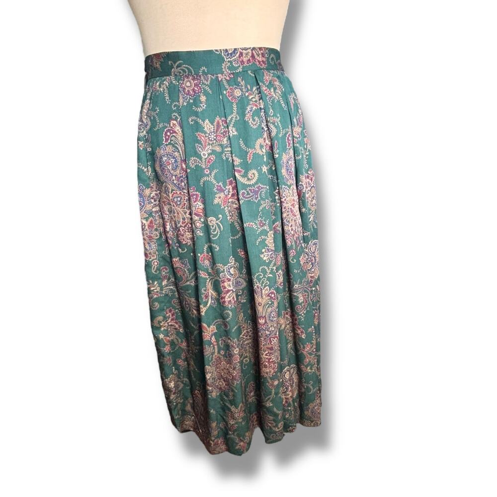 Vintage 90s Talbots Teal Paisley Midi Skirt Rayon Pleated Boho Cottagecore 10